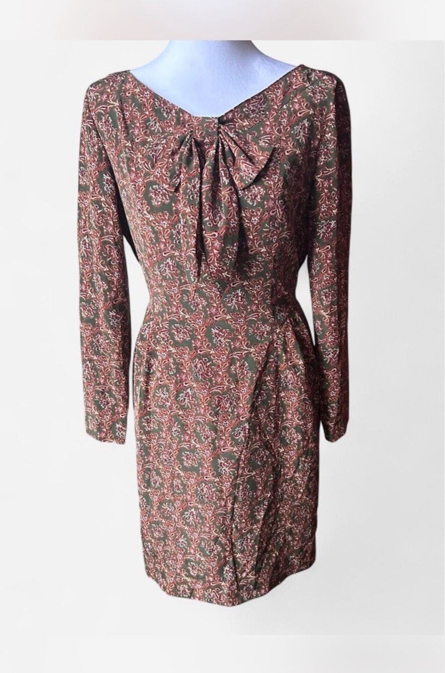 ATELIER SAB Green Brown Paisley Satin Bow V-Neck Long Sleeve Sheath Dress